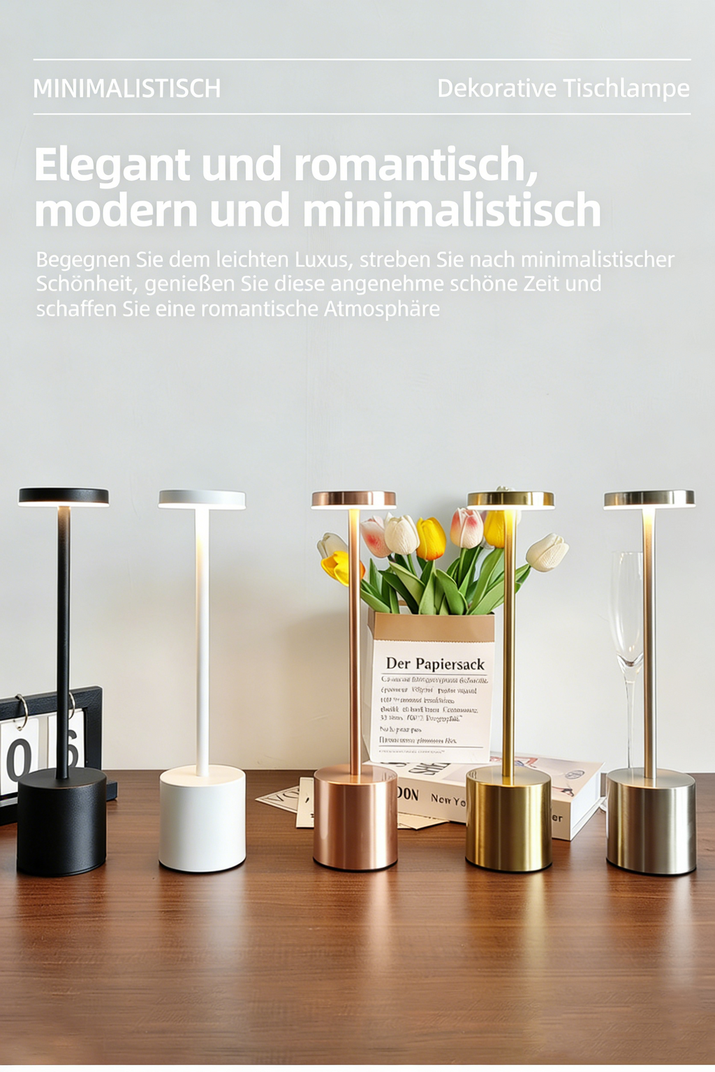 Kabellose LED Tischlampe aus Metall – Dimmbare Nachttischlampe mit Touch-Steuerung – Wiederaufladbare Akku-Tischleuchte mit USB – Tragbare Ambientebeleuchtung für Außen & Innen