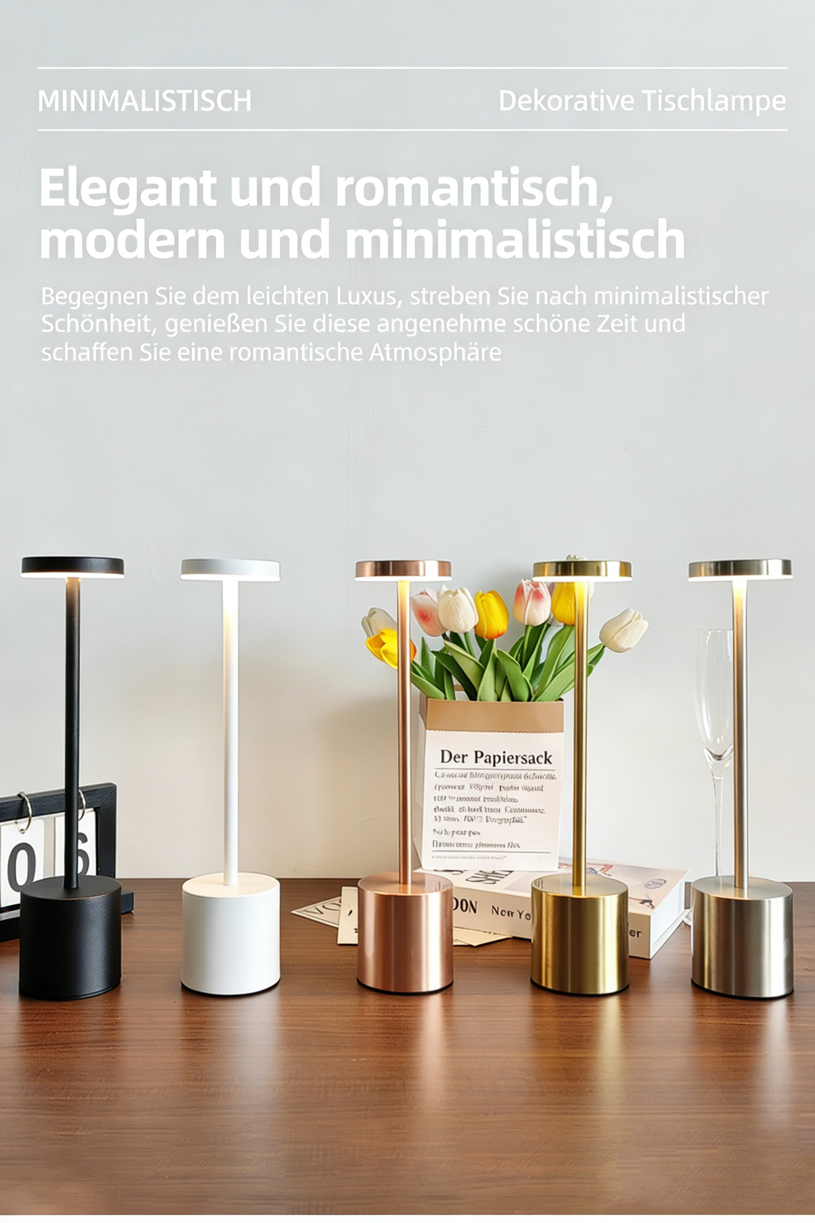 Kabellose LED Tischlampe aus Metall – Dimmbare Nachttischlampe mit Touch-Steuerung – Wiederaufladbare Akku-Tischleuchte mit USB – Tragbare Ambientebeleuchtung für Außen & Innen