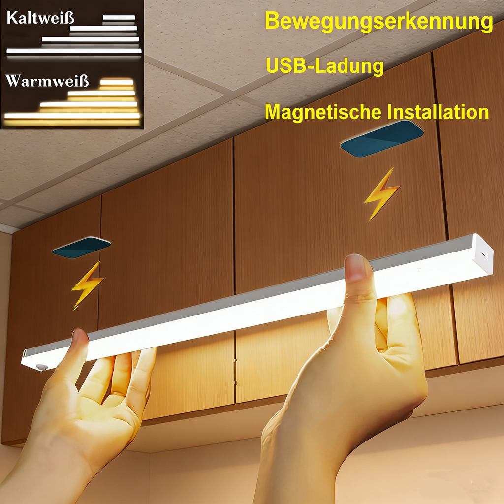 LED Bewegungsmelder Lichtleiste – Wiederaufladbare Magnetische Sensorleuchte für Schrank Küche Flur Treppe