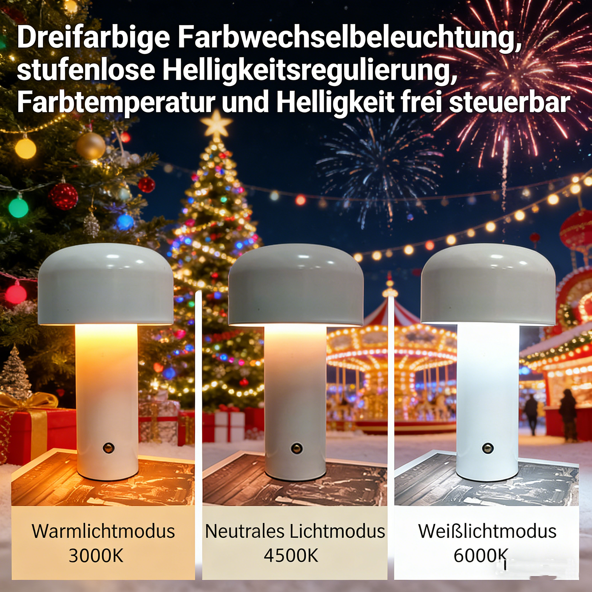 LED Pilz Tischlampe mit Touch-Steuerung – 3-Farben Dimmbare Pilzleuchte – Kabellose Nachttischlampe mit Akku – Stilvolle Pilz-Deko für Schlafzimmer & Wohnzimmer