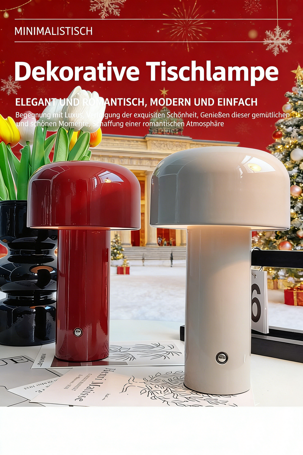 LED Pilz Tischlampe mit Touch-Steuerung – 3-Farben Dimmbare Pilzleuchte – Kabellose Nachttischlampe mit Akku – Stilvolle Pilz-Deko für Schlafzimmer & Wohnzimmer