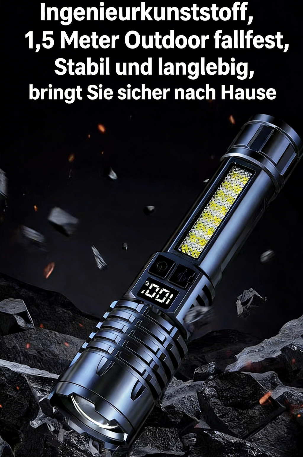 LED Taschenlampe mit Zoom – Starke Handlampe, Wiederaufladbar, Weißer Laserstrahl, Kompakt und Tragbar für Outdoor, Notfälle & Camping
