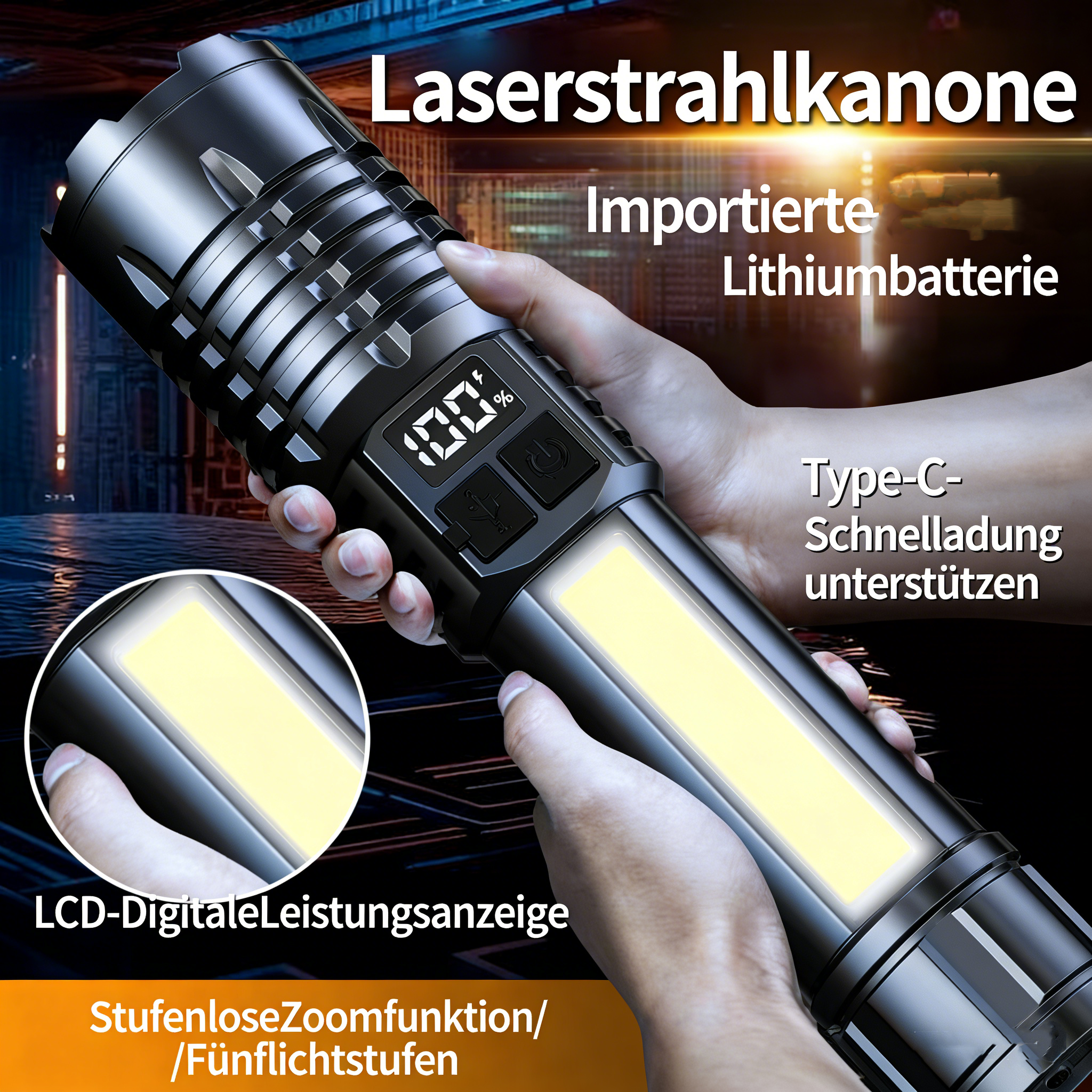 LED Taschenlampe mit Zoom – Starke Handlampe, Wiederaufladbar, Weißer Laserstrahl, Kompakt und Tragbar für Outdoor, Notfälle & Camping