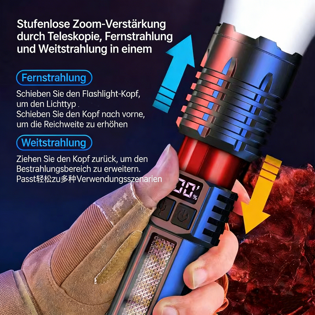 LED Taschenlampe mit Zoom – Starke Handlampe, Wiederaufladbar, Weißer Laserstrahl, Kompakt und Tragbar für Outdoor, Notfälle & Camping