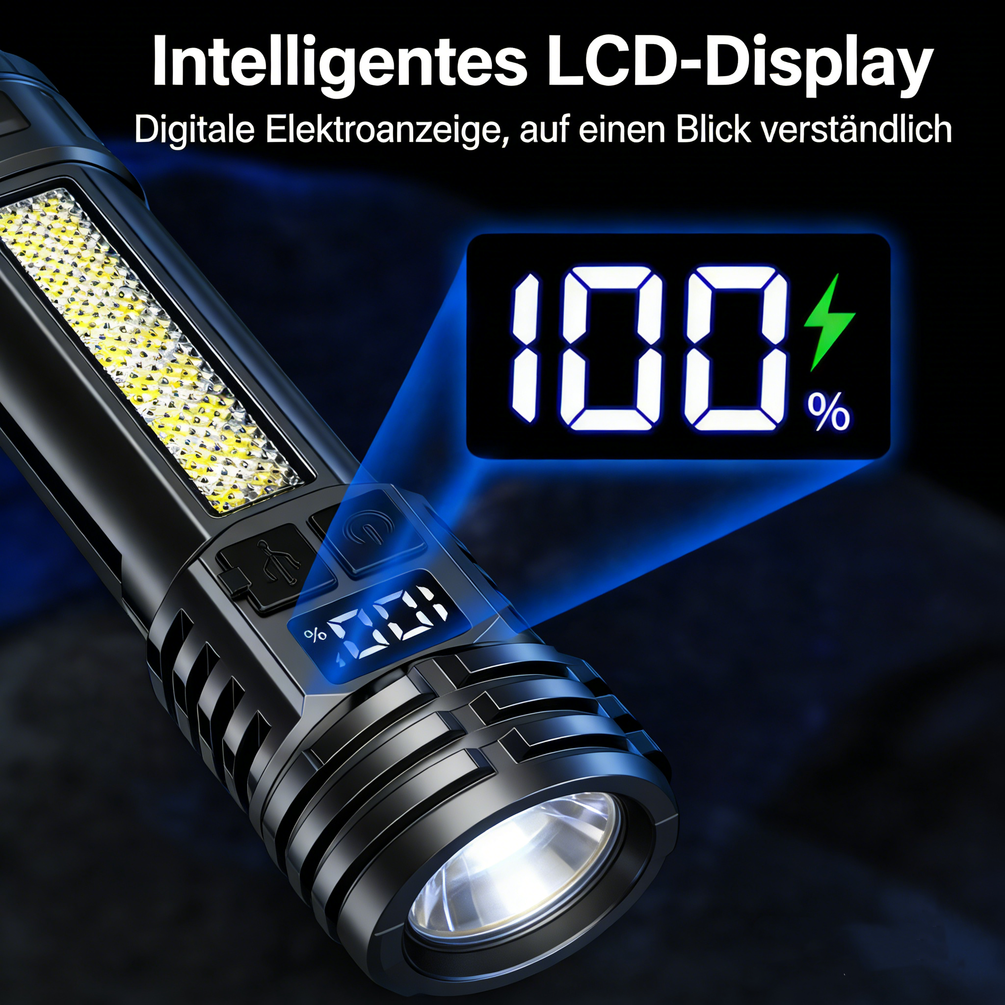 LED Taschenlampe mit Zoom – Starke Handlampe, Wiederaufladbar, Weißer Laserstrahl, Kompakt und Tragbar für Outdoor, Notfälle & Camping