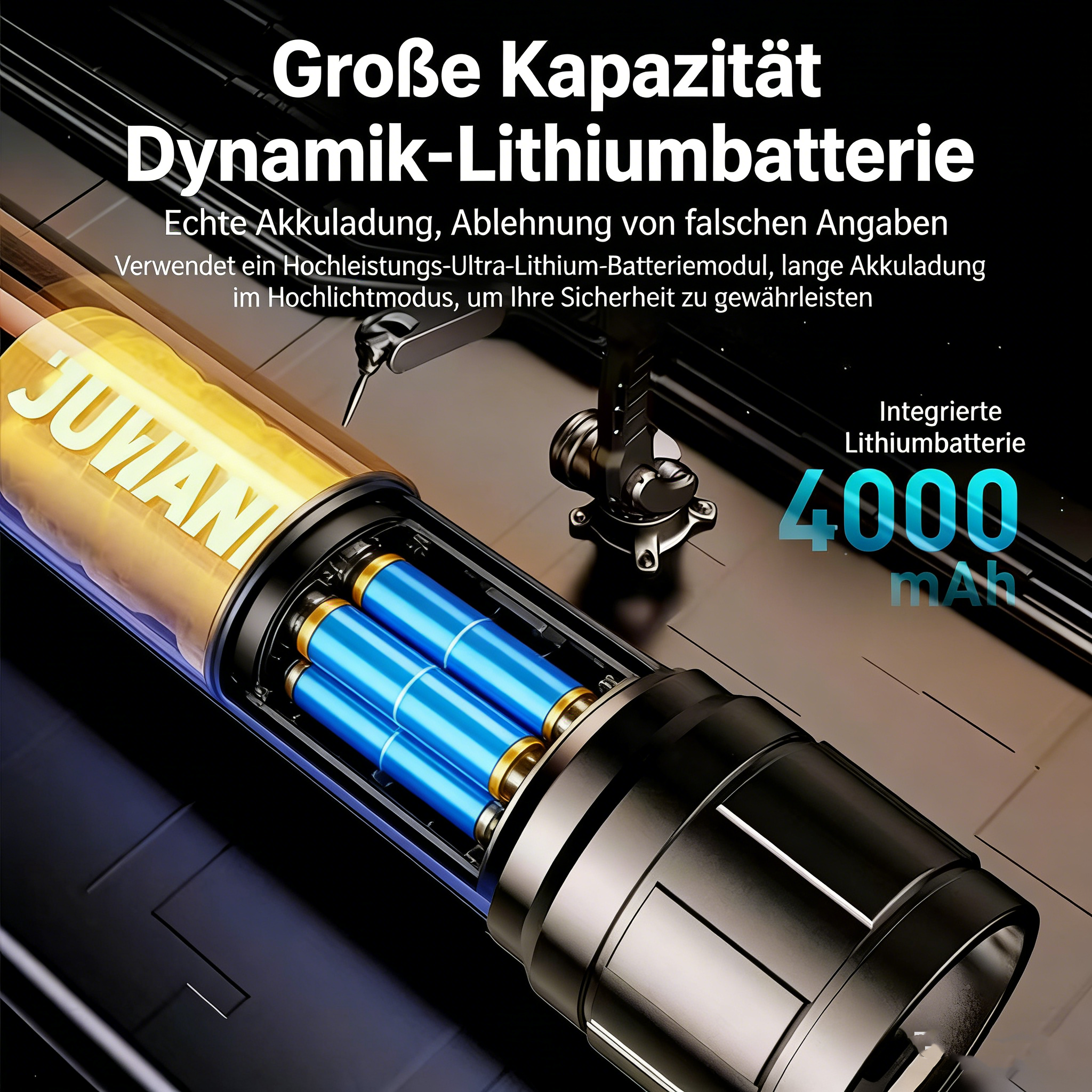LED Taschenlampe mit Zoom – Starke Handlampe, Wiederaufladbar, Weißer Laserstrahl, Kompakt und Tragbar für Outdoor, Notfälle & Camping