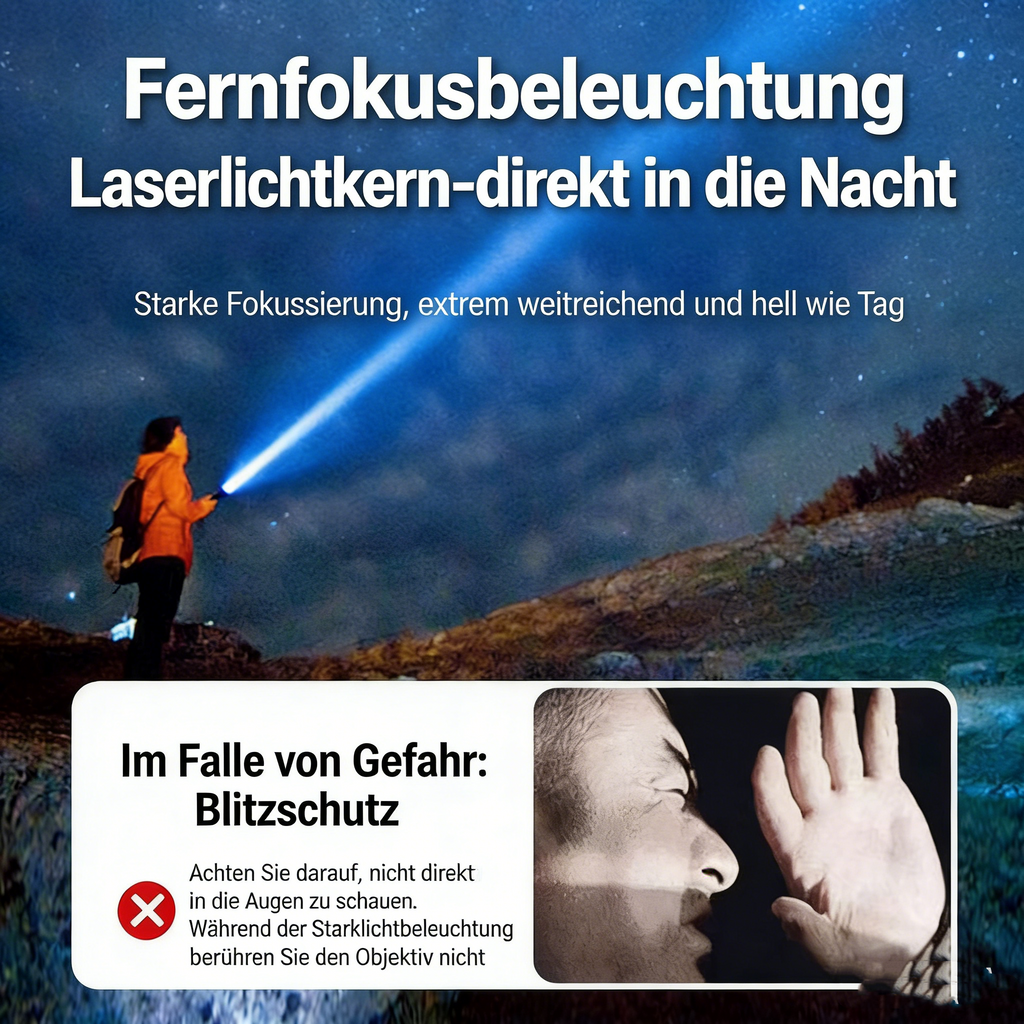 LED Taschenlampe mit Zoom – Starke Handlampe, Wiederaufladbar, Weißer Laserstrahl, Kompakt und Tragbar für Outdoor, Notfälle & Camping