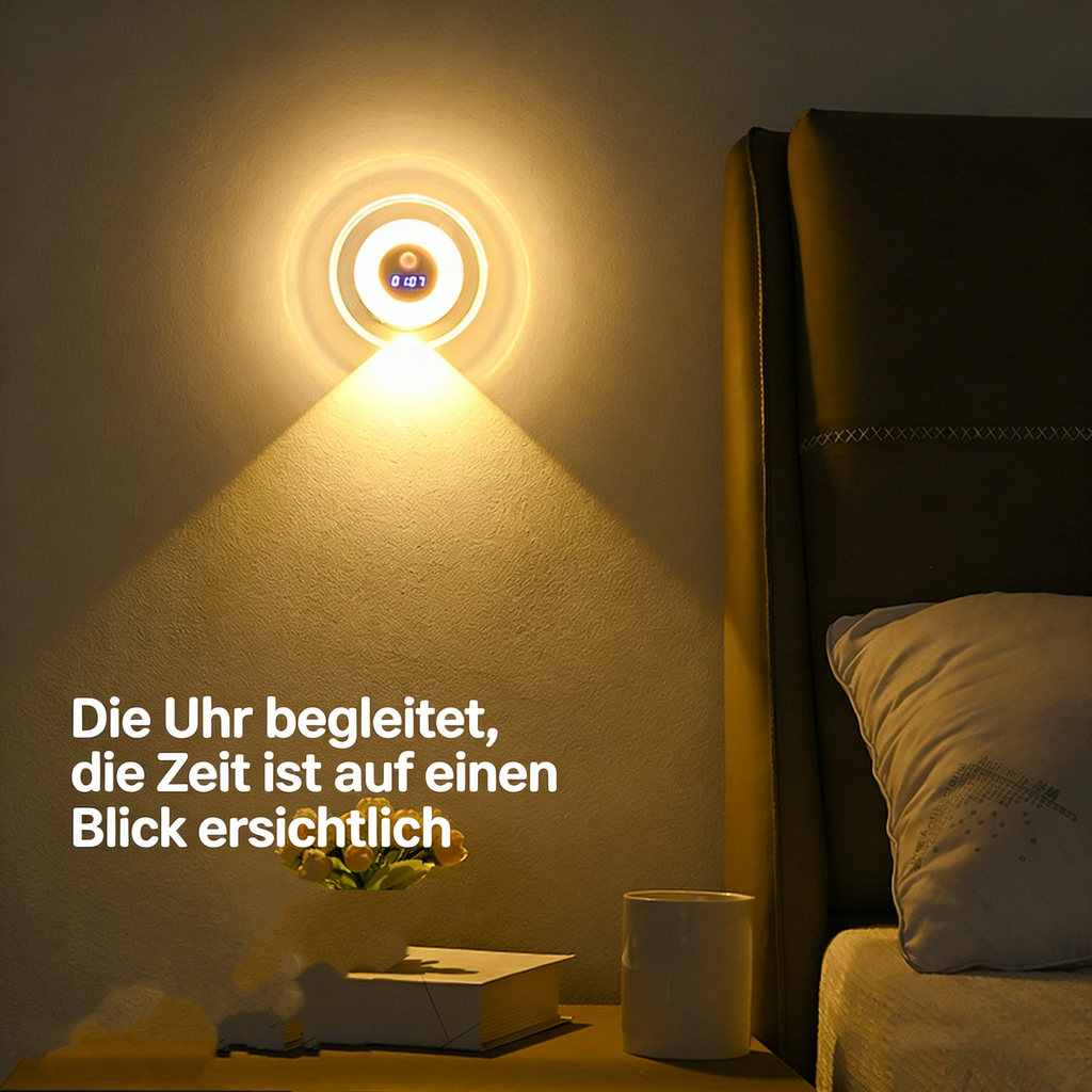 LED Wandleuchte mit Uhr & Bewegungsmelder – Fernbedienung Nachtlicht mit Hügel-Lichteffekt – Wiederaufladbare Schrankleuchte für Schlafzimmer, Flur & Treppen