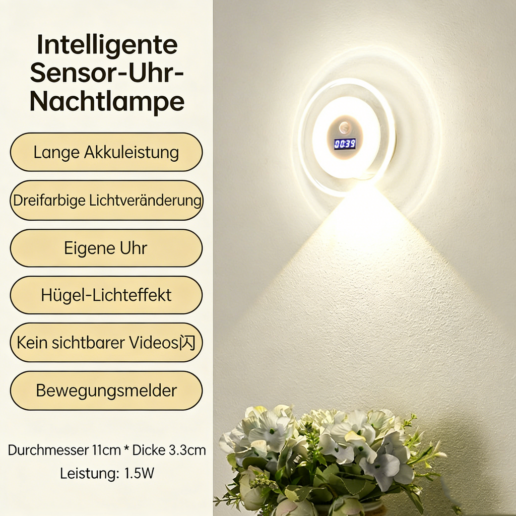 LED Wandleuchte mit Uhr & Bewegungsmelder – Fernbedienung Nachtlicht mit Hügel-Lichteffekt – Wiederaufladbare Schrankleuchte für Schlafzimmer, Flur & Treppen