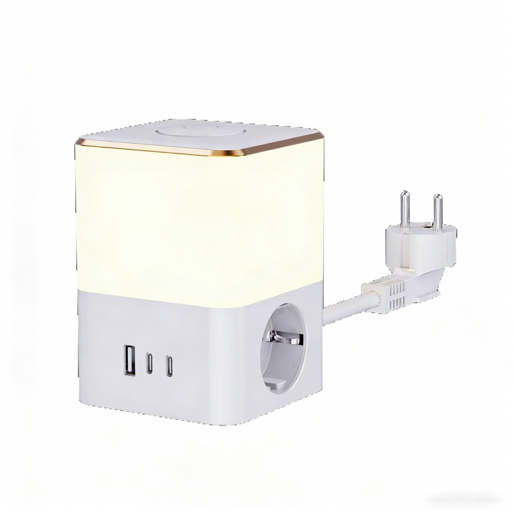 Mehrfachsteckdose mit 3-Farben LED-Nachtlicht – Dimmbare Schreibtisch-Steckdosenleiste mit USB & Schalter – Kompakte Ladestation für Nachttisch, Büro & Zuhause