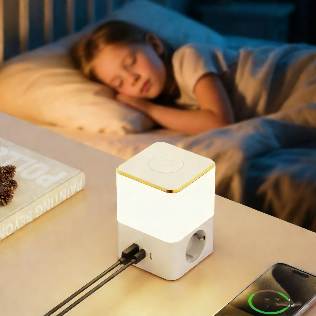 Mehrfachsteckdose mit 3-Farben LED-Nachtlicht – Dimmbare Schreibtisch-Steckdosenleiste mit USB & Schalter – Kompakte Ladestation für Nachttisch, Büro & Zuhause