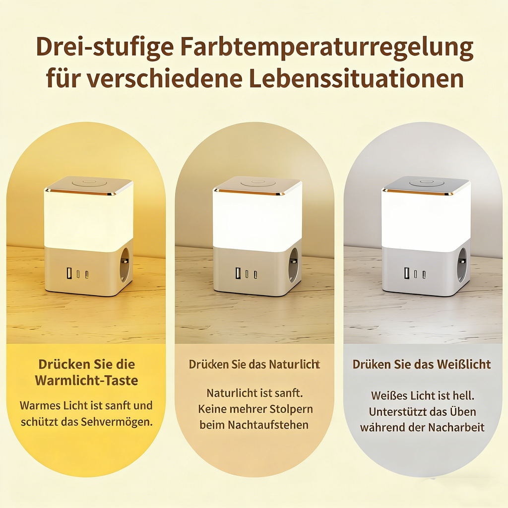 Mehrfachsteckdose mit 3-Farben LED-Nachtlicht – Dimmbare Schreibtisch-Steckdosenleiste mit USB & Schalter – Kompakte Ladestation für Nachttisch, Büro & Zuhause