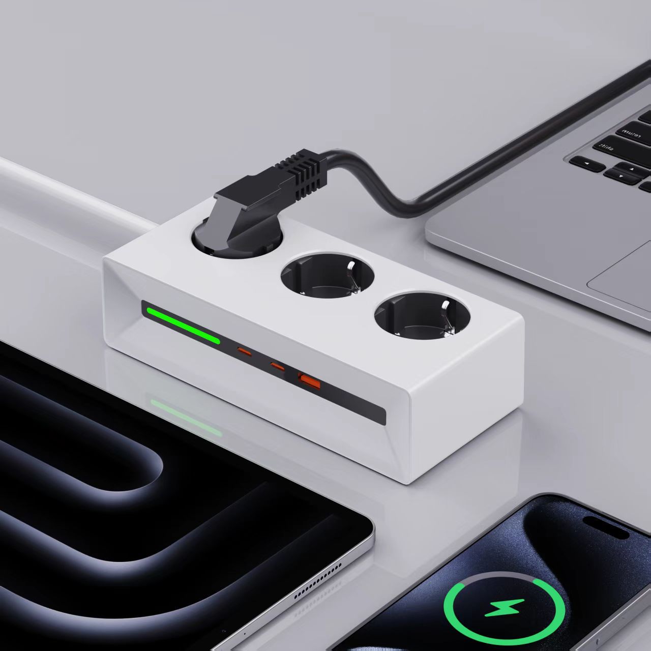 Mehrfachsteckdose mit 90° drehbarem Flachstecker – Steckdosenleiste mit USB & LED-Ambientebeleuchtung – Platzsparender Stromverteiler für Büro & Zuhause – Kindersicherung