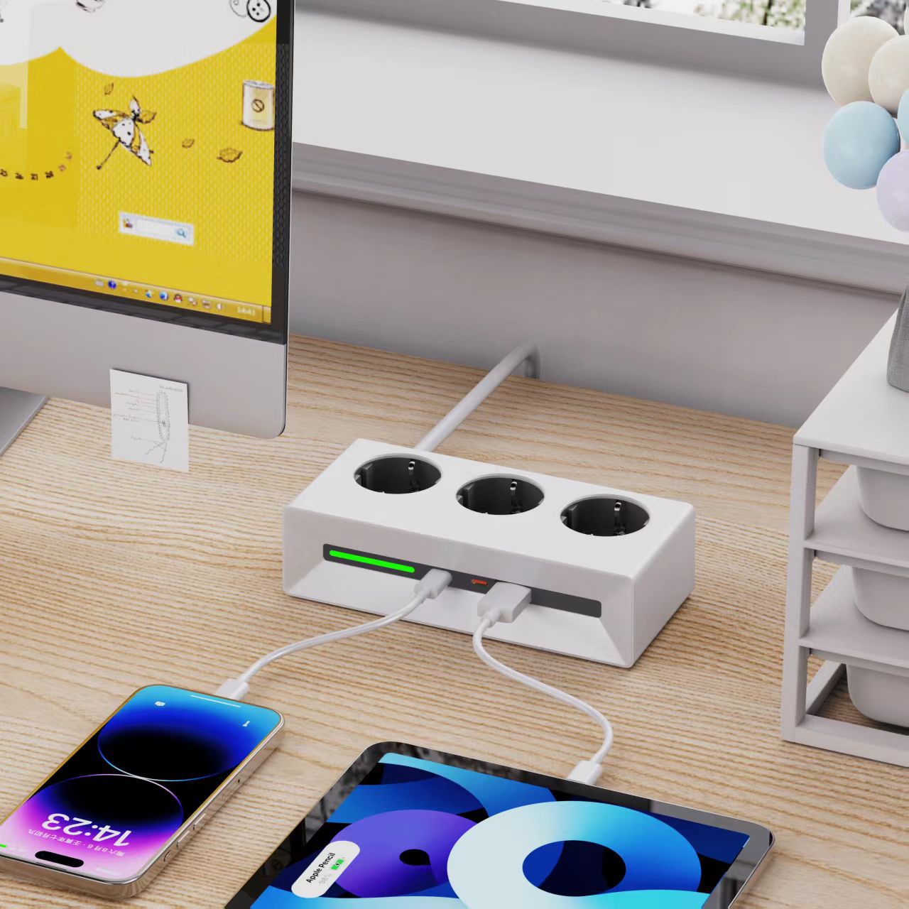 Mehrfachsteckdose mit 90° drehbarem Flachstecker – Steckdosenleiste mit USB & LED-Ambientebeleuchtung – Platzsparender Stromverteiler für Büro & Zuhause – Kindersicherung