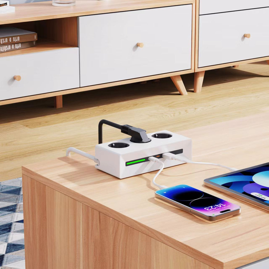 Mehrfachsteckdose mit 90° drehbarem Flachstecker – Steckdosenleiste mit USB & LED-Ambientebeleuchtung – Platzsparender Stromverteiler für Büro & Zuhause – Kindersicherung