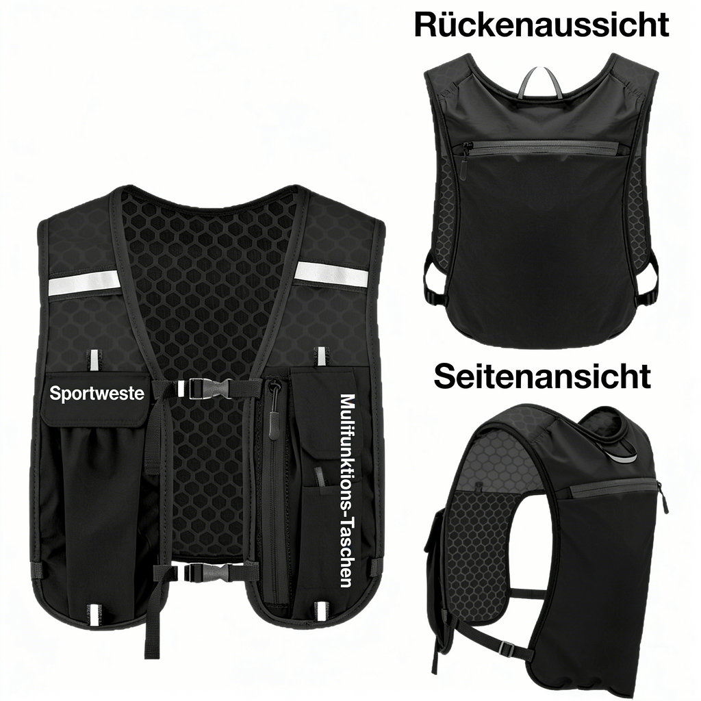 Multifunktionale Outdoor Funktionsweste – Atmungsaktiver Laufrucksack für Marathon & Trailrunning – Wasserfeste Weste mit Handyfach & Trinkflaschenhalter