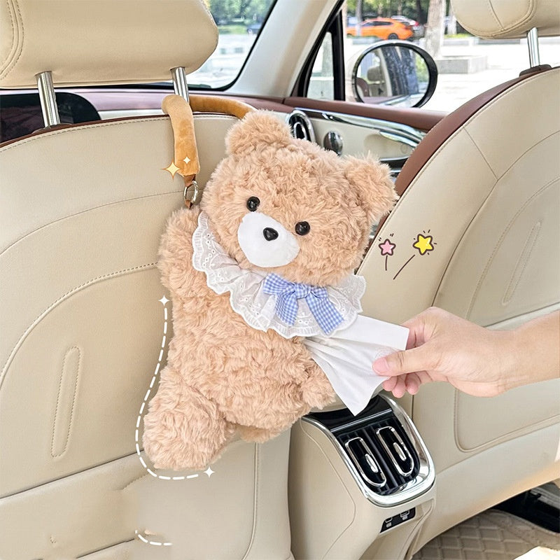 Niedliche Cartoon Bär Auto-Taschentuchbox – Flauschiger Hänge-Organizer für KFZ – Plüsch-Papierspender für Auto & Kinderzimmer – Kreative Innendeko – Universal Passform