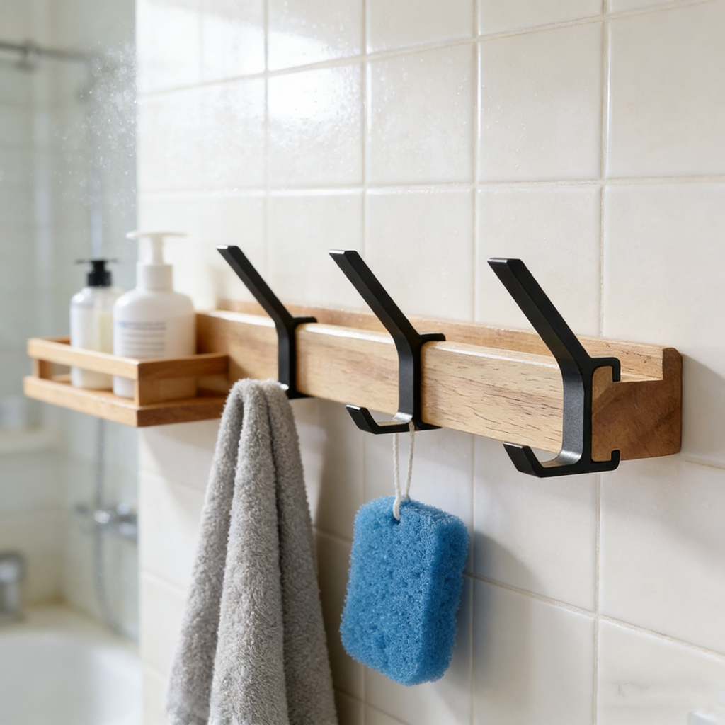 Nordivo Wandgarderobe mit drehbaren Doppelhaken – Skandinavische Garderobe aus Holz & Aluminium, platzsparend & moderne Wandaufhängung