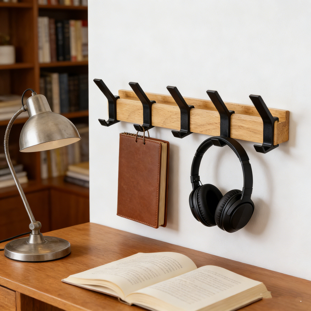 Nordivo Wandgarderobe mit drehbaren Doppelhaken – Skandinavische Garderobe aus Holz & Aluminium, platzsparend & moderne Wandaufhängung