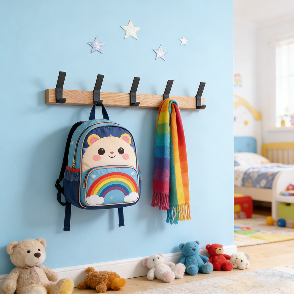 Nordivo Wandgarderobe mit drehbaren Doppelhaken – Skandinavische Garderobe aus Holz & Aluminium, platzsparend & moderne Wandaufhängung
