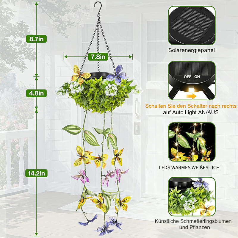 Outdoor Solar Künstliche Pflanzen & Schmetterlings-Lichter – Wasserdichtes Hänge-Deko für Garten & Balkon