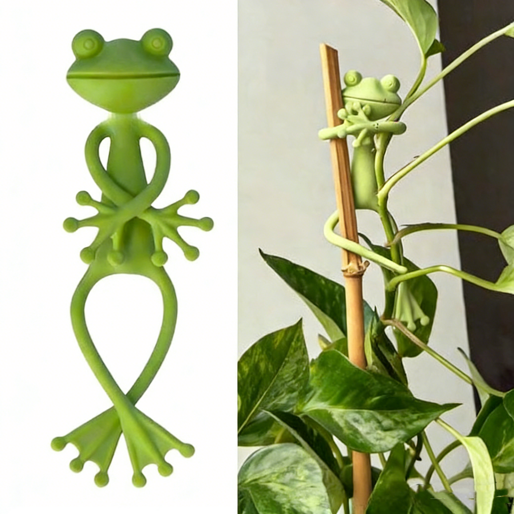 Pflanzenstützen "Grüner Frosch" – Dekorative Rankhilfe für Zimmerpflanzen & Garten – Wetterfeste Pflanzenhalter aus Metall – Lustige Gartenstecker 2er/5er Set