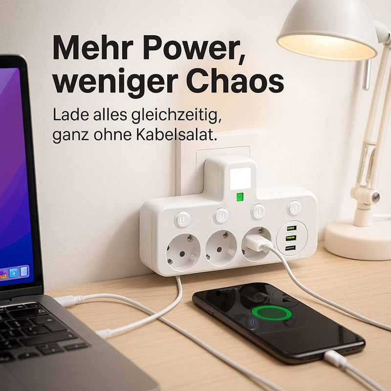 PowerGrid 3-fach Steckdosenleiste mit USB & Schalter – Überspannungsschutz Mehrfachstecker für Büro & Zuhause