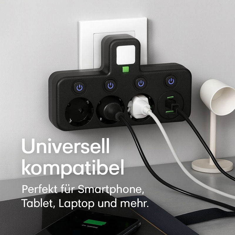 PowerGrid 3-fach Steckdosenleiste mit USB & Schalter – Überspannungsschutz Mehrfachstecker für Büro & Zuhause