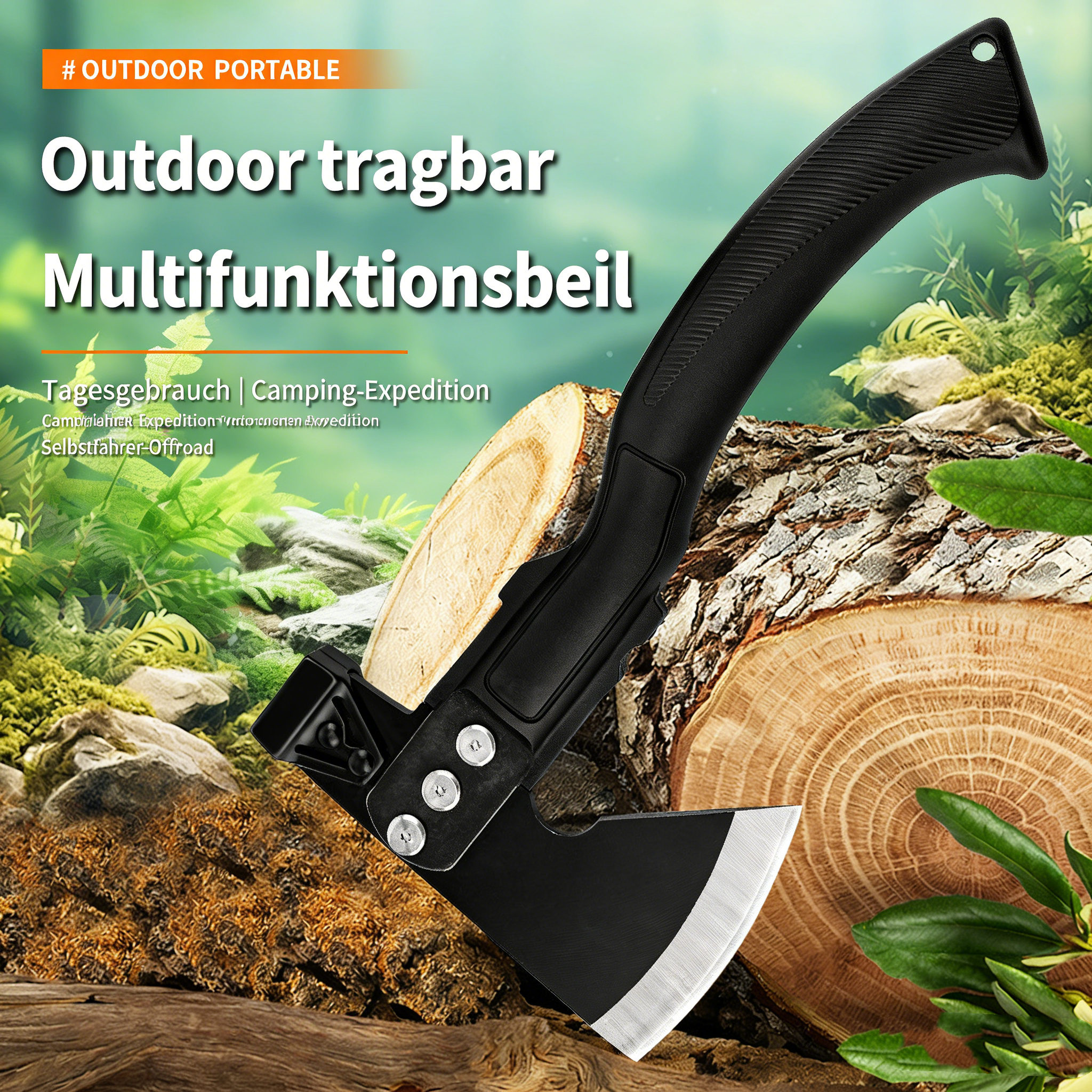 Profi Campingbeil mit ergonomischem Kurvengriff – Outdoor Survival Axt aus Edelstahl zum Holzhacken – Kompakte Wanderaxt für Bushcraft & Camping – Rostfrei