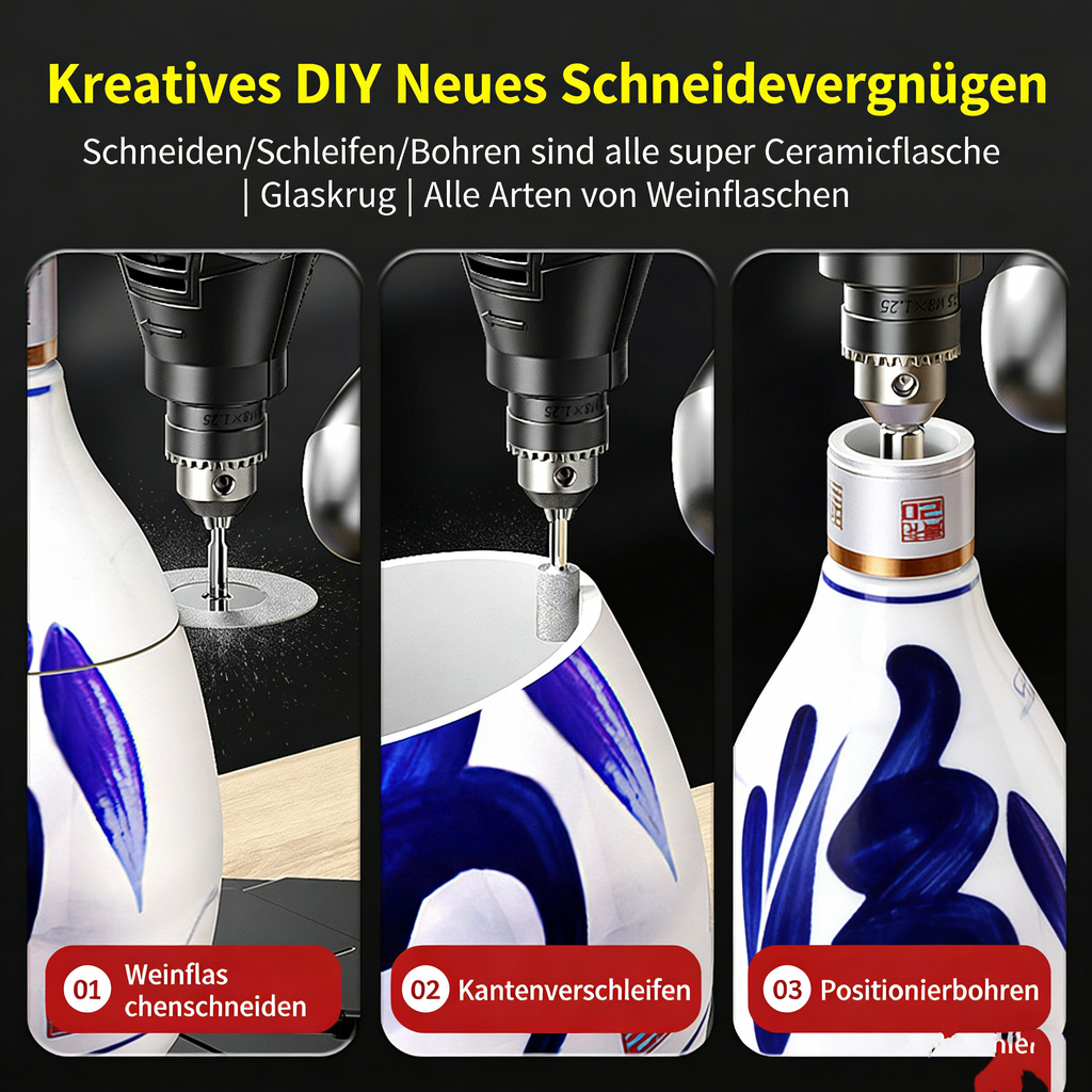 Profi Glasflaschenschneider Set für DIY – Multifunktionales Glasschneide-Werkzeug für Flaschen & Keramik – Upcycling Kit mit Schleifzubehör & Halterung