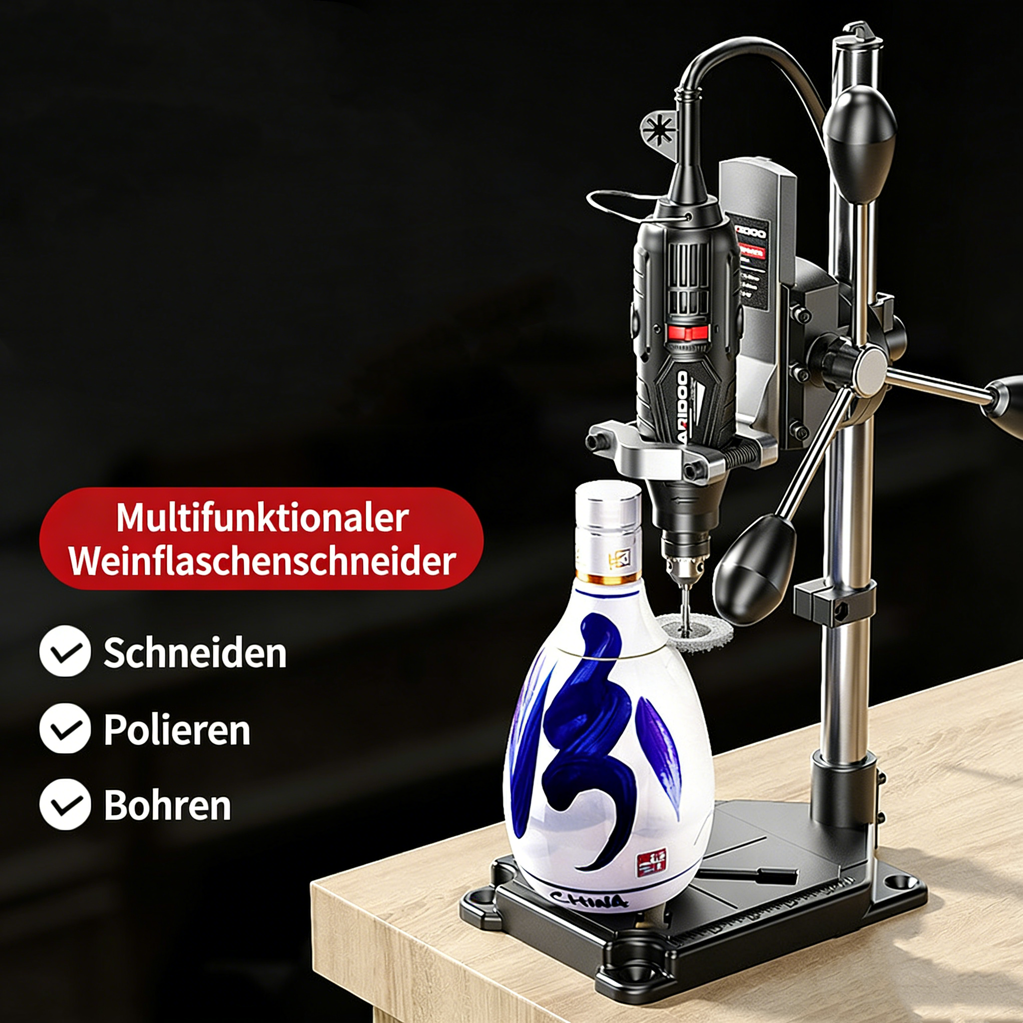 Profi Glasflaschenschneider Set für DIY – Multifunktionales Glasschneide-Werkzeug für Flaschen & Keramik – Upcycling Kit mit Schleifzubehör & Halterung