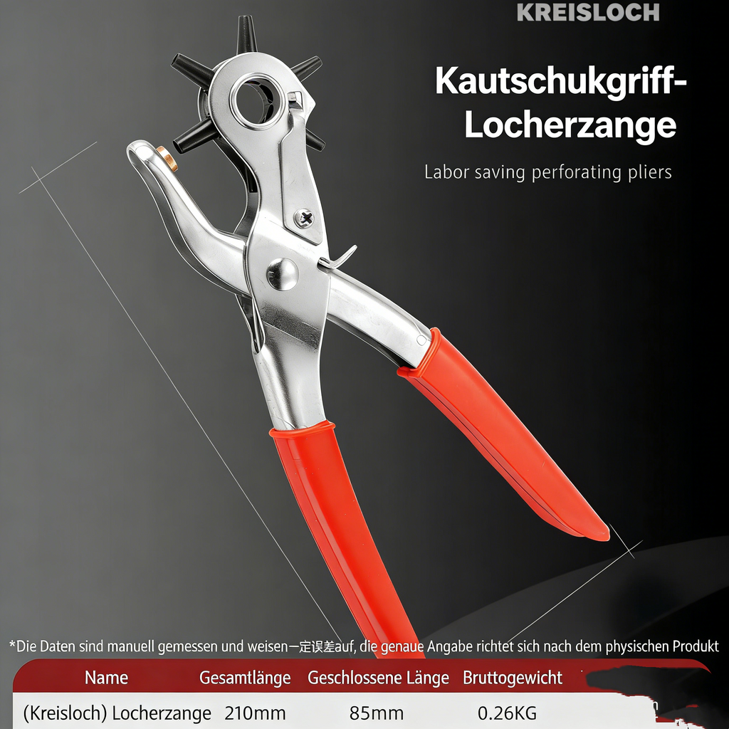 Profi Revolverlochzange für Leder – Multifunktionaler Locher für Rund- & Flachlöcher – Hochwertige Gürtelzange mit 6 Lochgrößen für Textilien & Bastelarbeiten