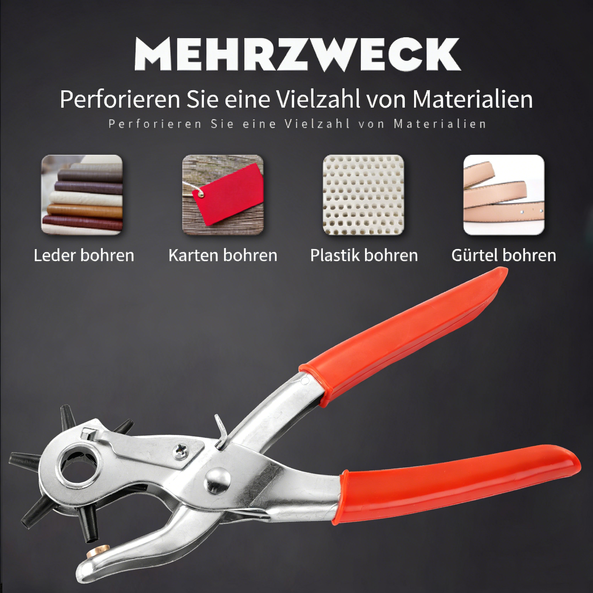 Profi Revolverlochzange für Leder – Multifunktionaler Locher für Rund- & Flachlöcher – Hochwertige Gürtelzange mit 6 Lochgrößen für Textilien & Bastelarbeiten