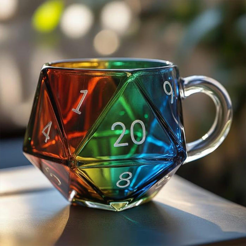 Regenbogen Glasbecher D20 Mehrseitiger Würfel Kaffeebecher mit Henkel Kreativer Becher Geschenkidee