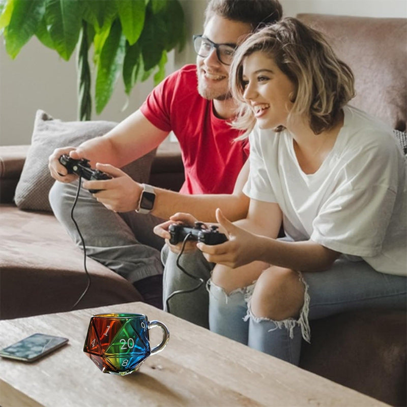 Regenbogen Glasbecher D20 Mehrseitiger Würfel Kaffeebecher mit Henkel Kreativer Becher Geschenkidee