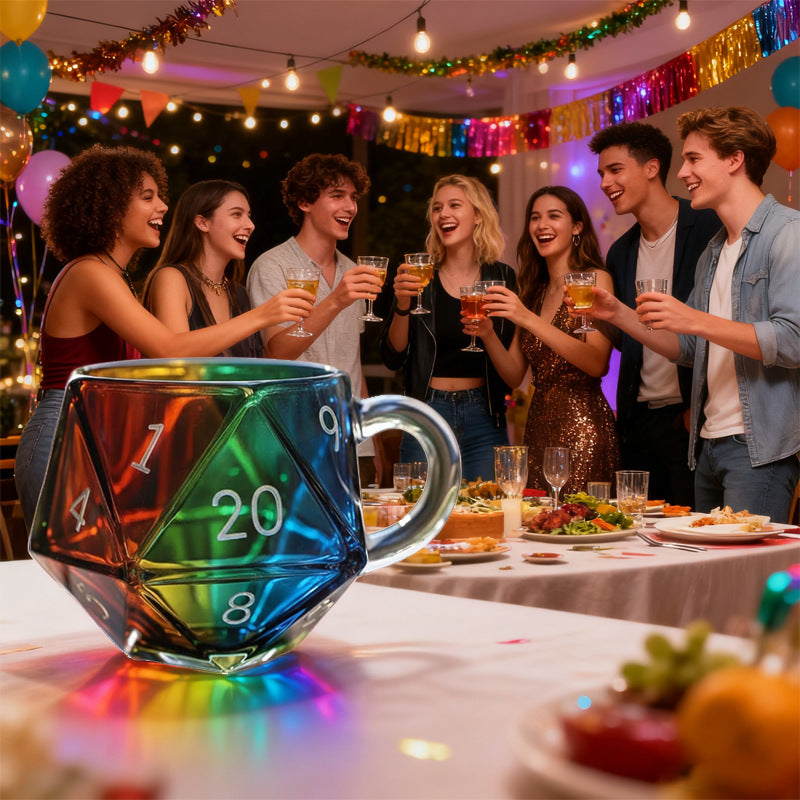 Regenbogen Glasbecher D20 Mehrseitiger Würfel Kaffeebecher mit Henkel Kreativer Becher Geschenkidee