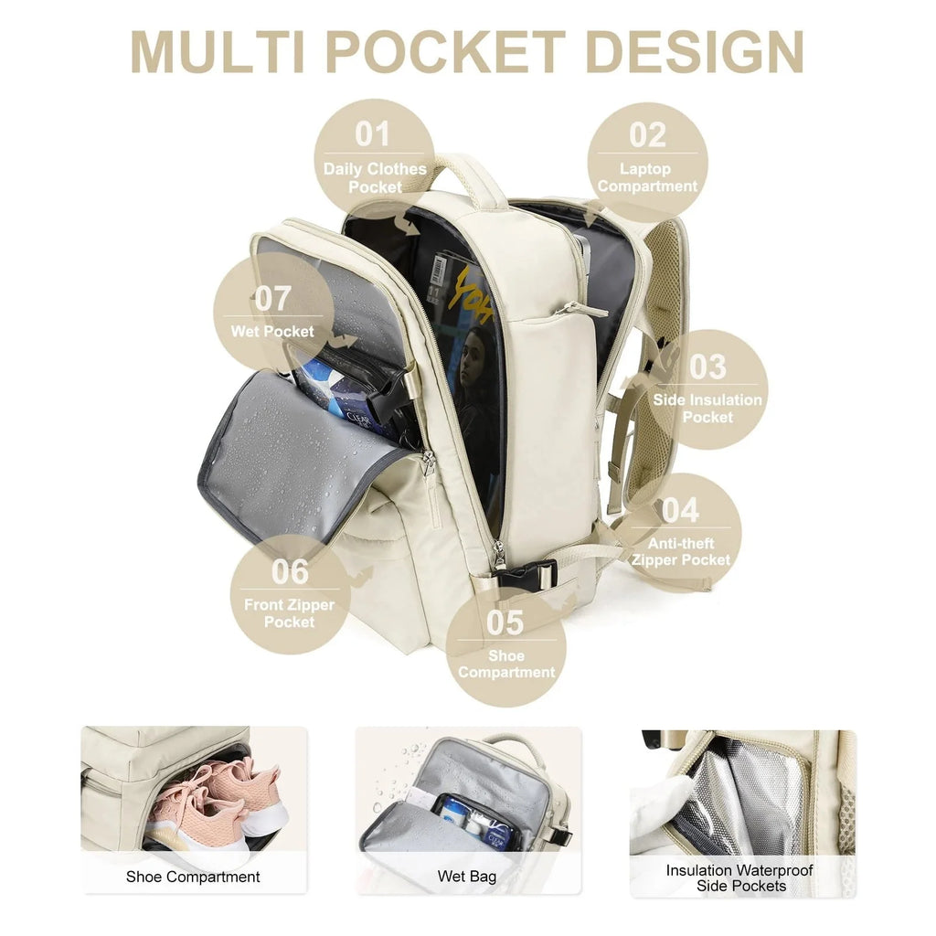 Travelliva 35L Reiserucksack Damen Handgepäck – Wasserdicht mit Schuhfach & Laptopfach – Anti-Diebstahl Rucksack