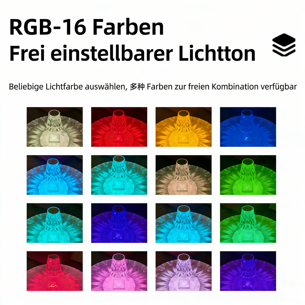 RGB Kristall Tischlampe mit Diamantschliff – 16 Farben Dimmbare Nachttischlampe mit Touch & Fernbedienung – Wiederaufladbare LED Projektionslampe für Romantische Deko