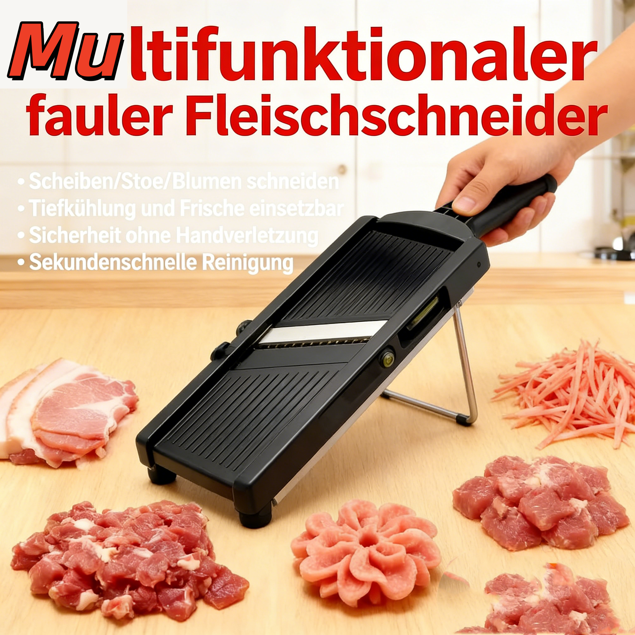 Schneller Edelstahl-Fleisch- & Gemüseschneider – Multifunktional für Streifen, Würfel & Scheiben