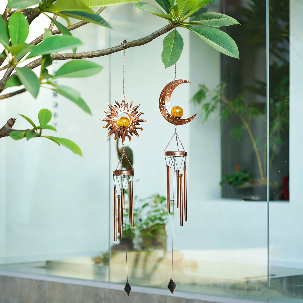 Solar-Windspiel Mond & Sonne für Außen – Metall-Glockenspiel mit Glaskugel-LED – Romantische Garten-Deko mit Lichtspiel – Wetterfest & Warmweiß – Geschenkidee