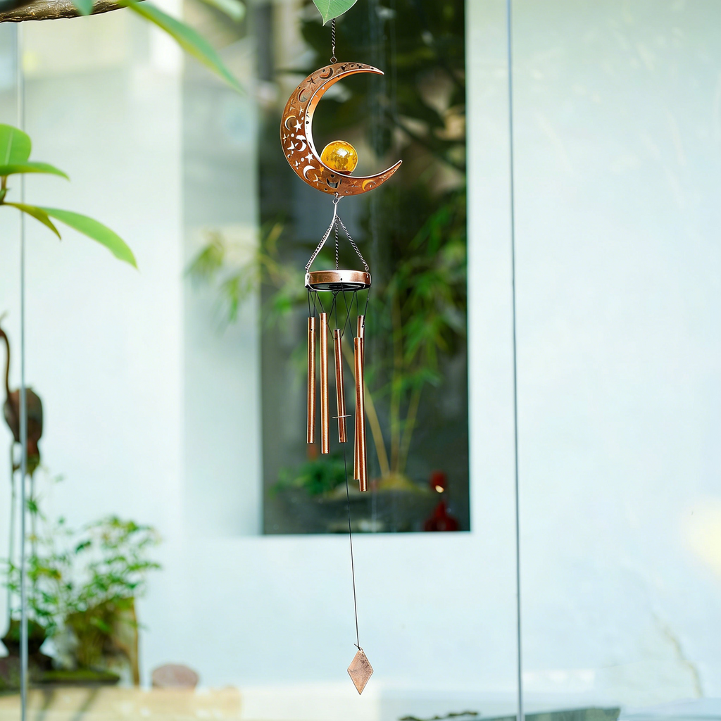 Solar-Windspiel Mond & Sonne für Außen – Metall-Glockenspiel mit Glaskugel-LED – Romantische Garten-Deko mit Lichtspiel – Wetterfest & Warmweiß – Geschenkidee