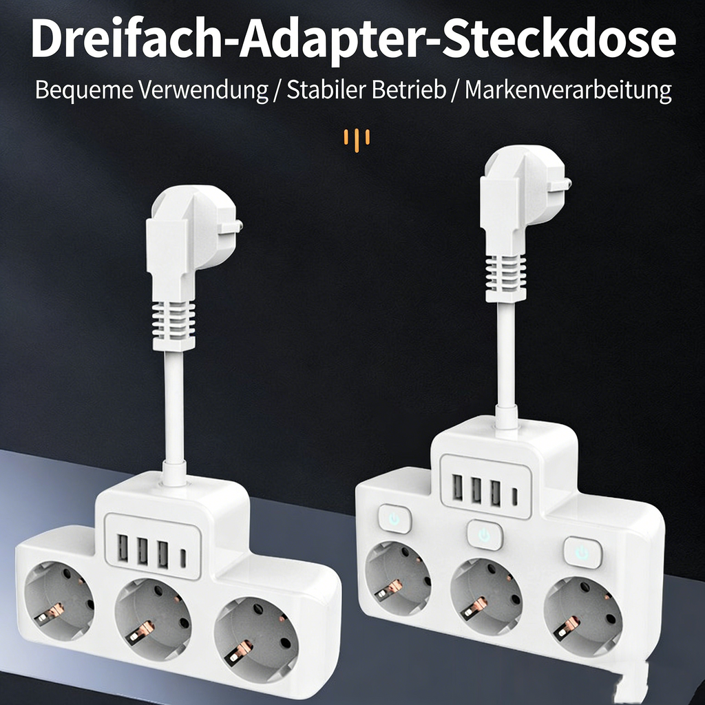 Steckdosenadapter mit USB & Schalter – 3-in-1 Mehrfachstecker für Steckdose – Platzsparender Schuko-Adapter mit Kurzem Kabel – Wand-Steckdosenleiste für Büro & Reise