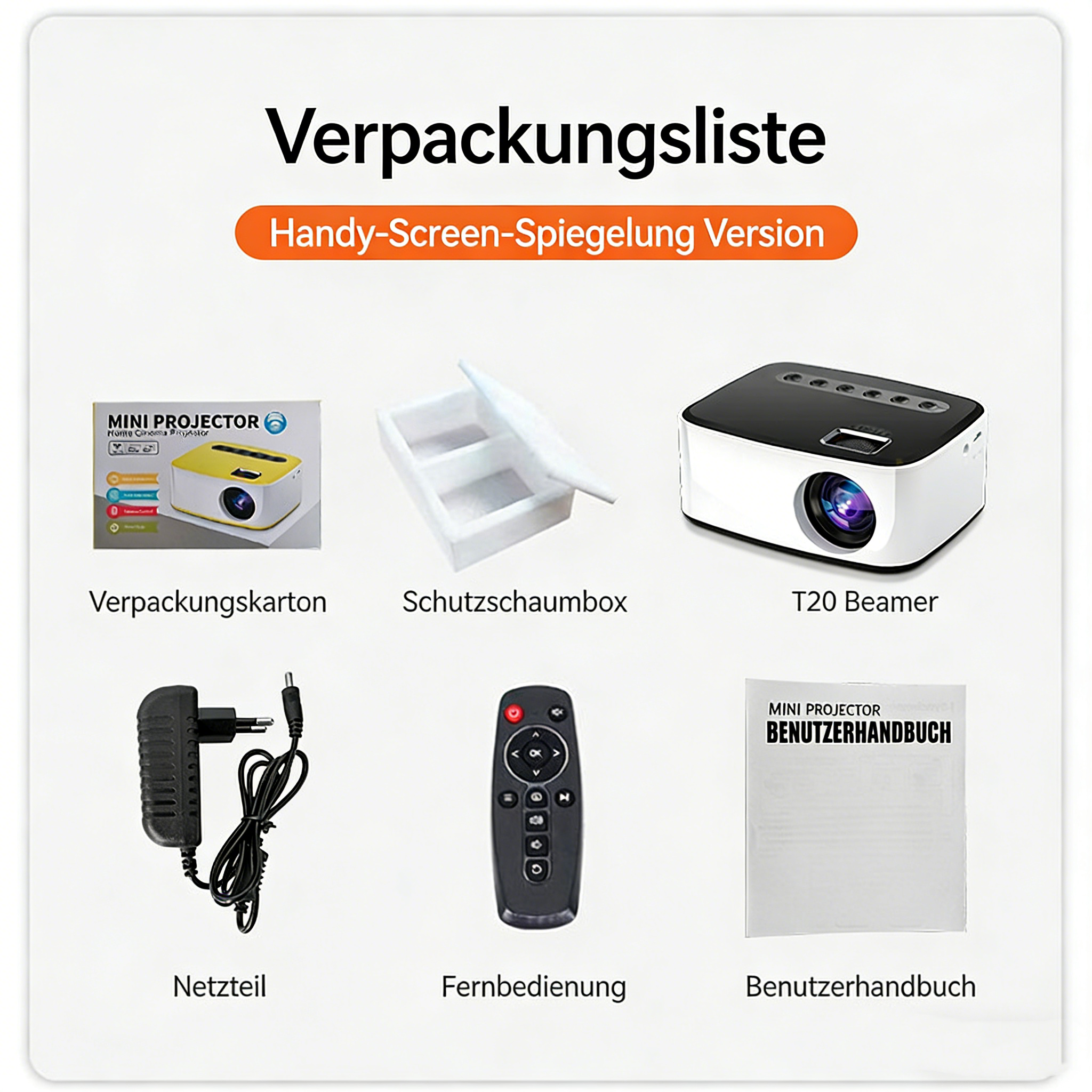 T20 Mini Beamer mit WiFi & Bluetooth – Tragbarer Full HD Projektor für Schlafzimmer – Kabellose Handy-Spiegelung – Kompakter Heimkino Beamer für iOS/Android – Weiß