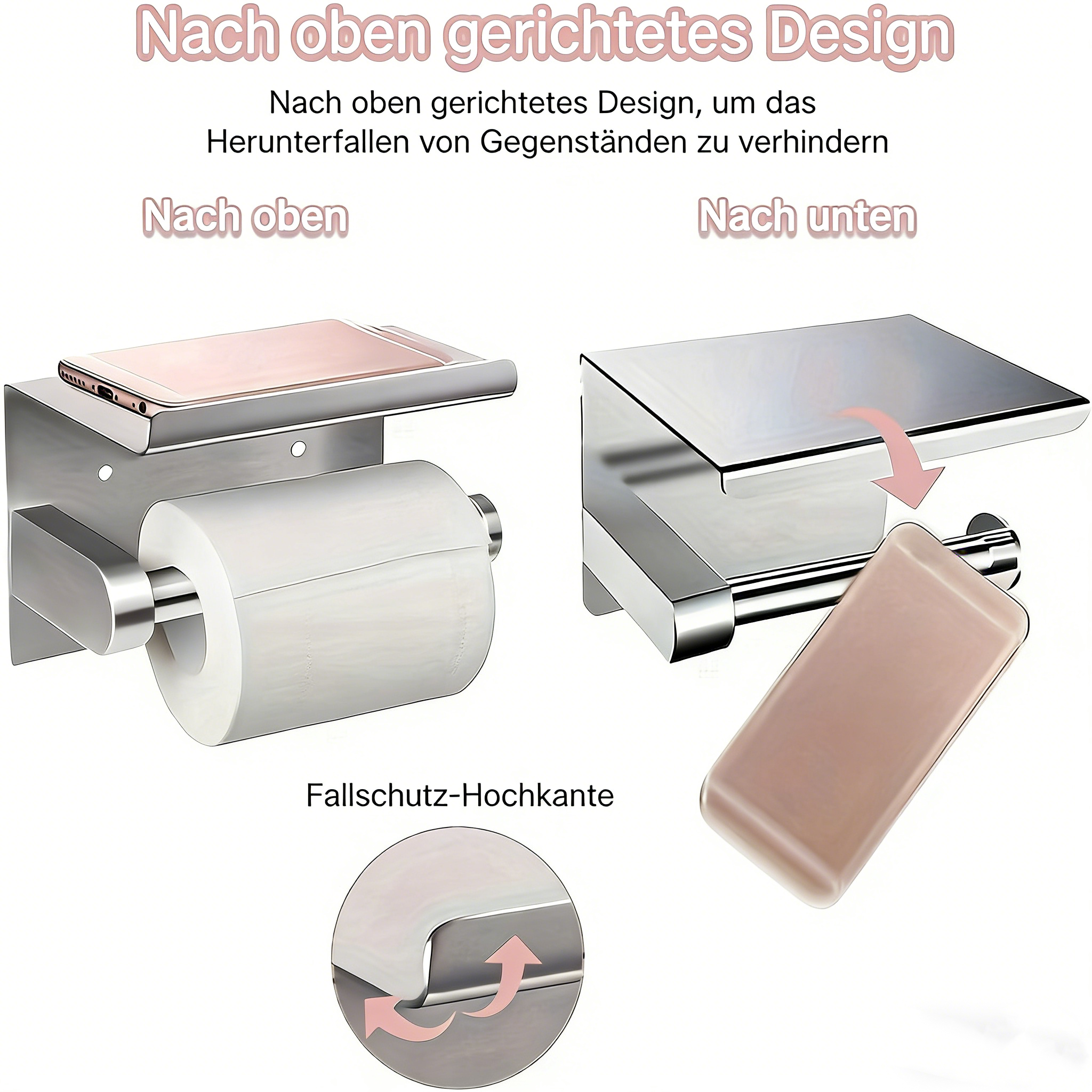 Toilettenpapierhalter Schwarz Matt aus Edelstahl – Klopapierhalter ohne Bohren oder Wandmontage – Papierrollenhalter mit Ablage für Handy & Badezimmer Zubehör