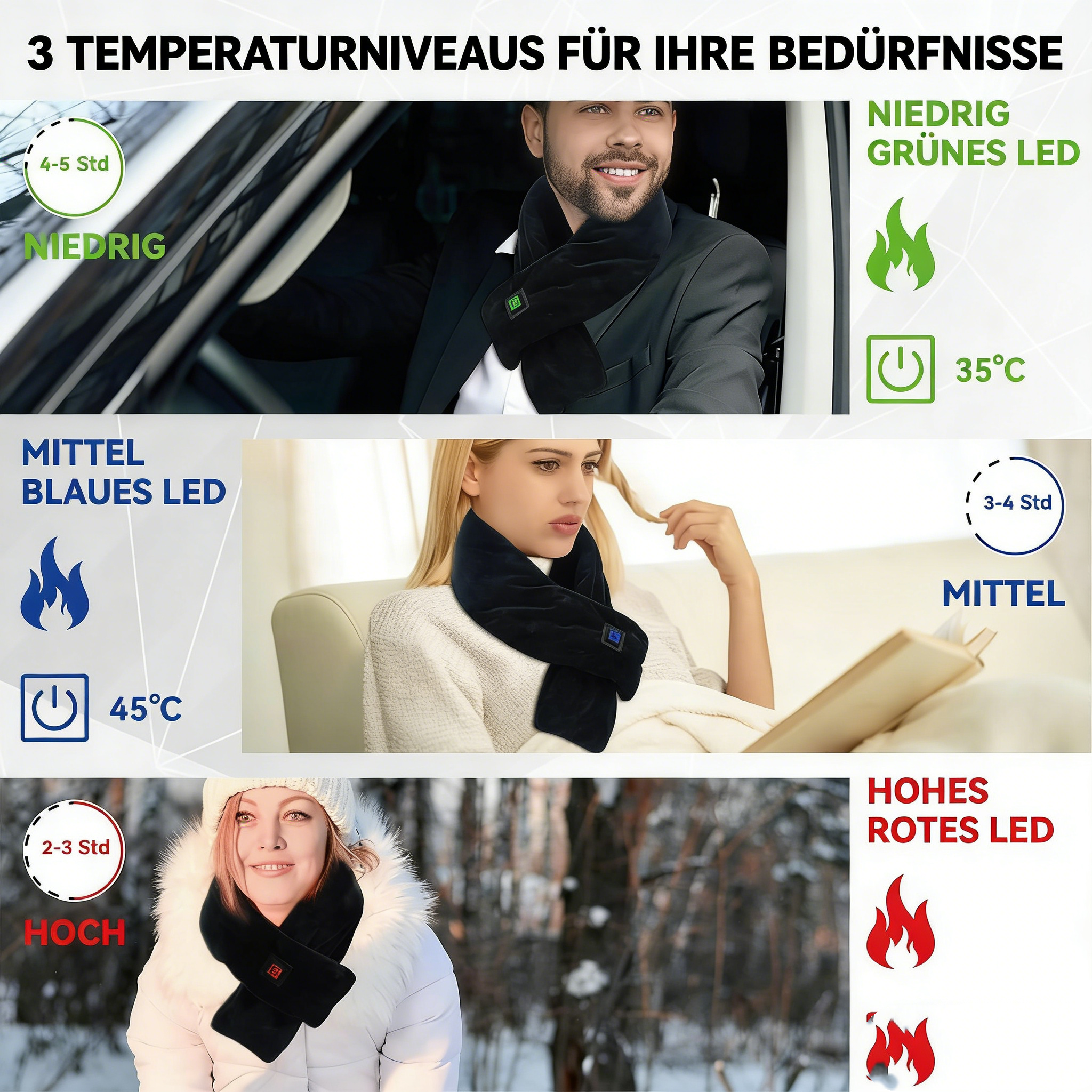 USB Beheizbarer Schal für Damen & Herren – 3 Heizstufen Elektrischer Heizschal – Waschbarer Nackenwärmer mit Thermostat – Winterwärmer für Nacken & Schulter