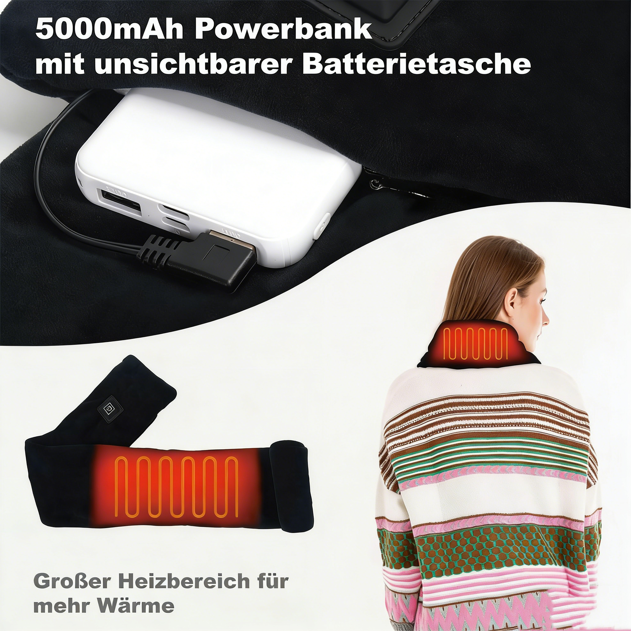 USB Beheizbarer Schal für Damen & Herren – 3 Heizstufen Elektrischer Heizschal – Waschbarer Nackenwärmer mit Thermostat – Winterwärmer für Nacken & Schulter