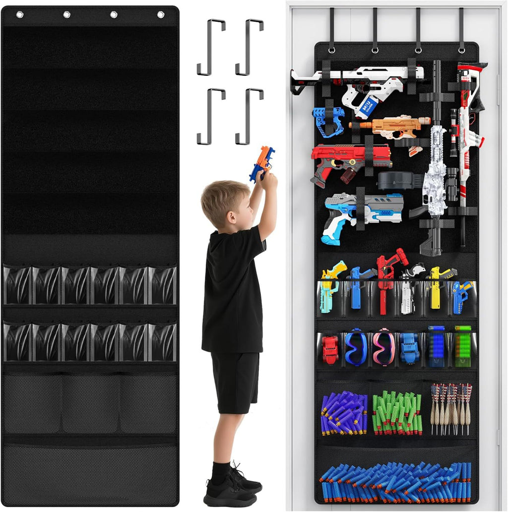 Wand-Hängeorganizer für Spielzeugblaster & Zubehör – Taktische Aufbewahrung aus Oxford-Gewebe – Halterung für Soft-Dart-Pistolen, Schutzbrillen & Darts – Platzsparendes Ordnungssystem