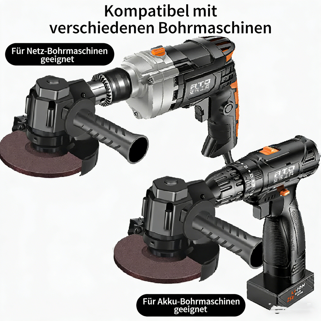 Winkelschleifer-Adapter für Bohrmaschinen – Multifunktionaler Umbausatz für Handbohrmaschine – Umrüstset zum Trennen & Schleifen – Inkl. Schutzhaube & Handgriff