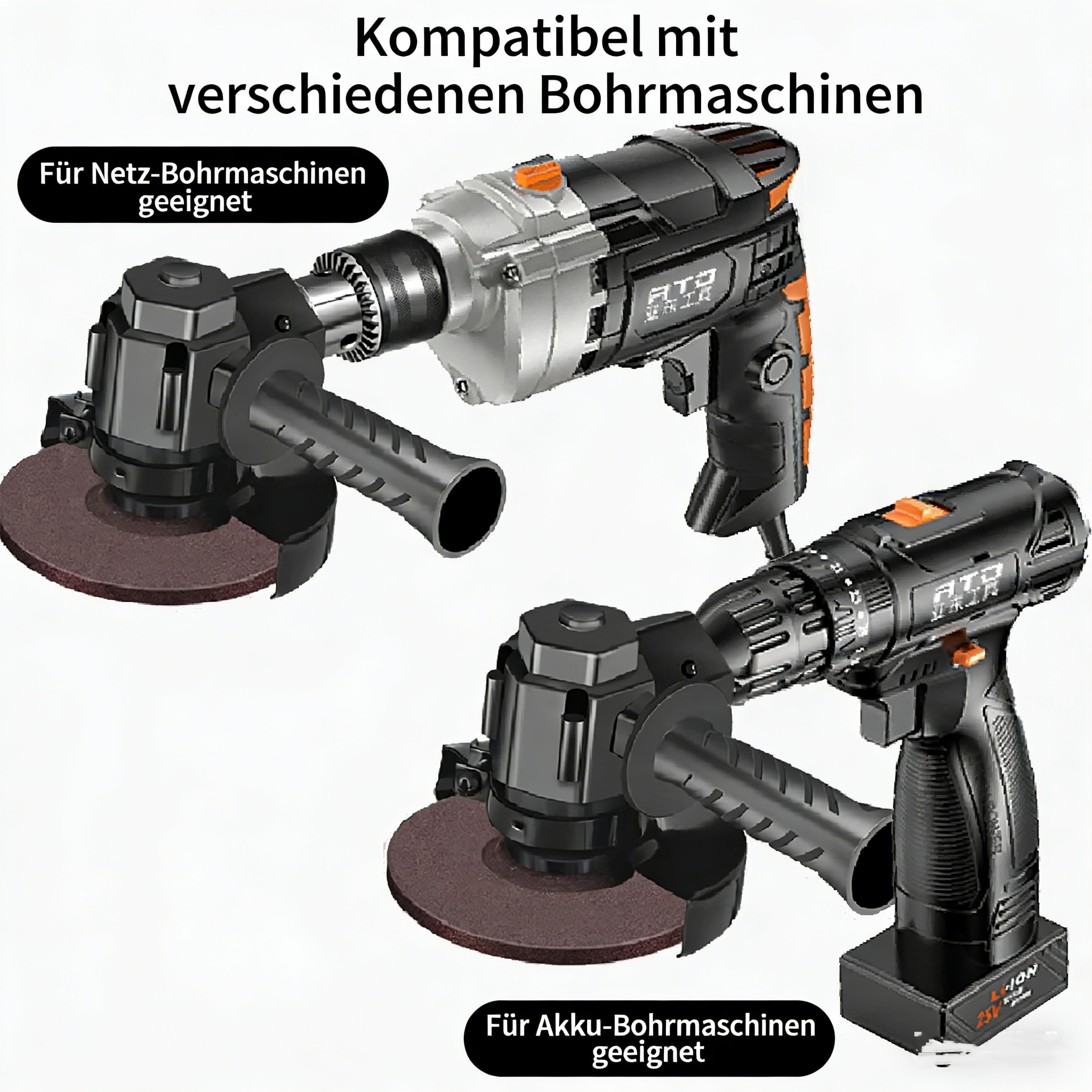 Winkelschleifer-Adapter für Bohrmaschinen – Multifunktionaler Umbausatz für Handbohrmaschine – Umrüstset zum Trennen & Schleifen – Inkl. Schutzhaube & Handgriff